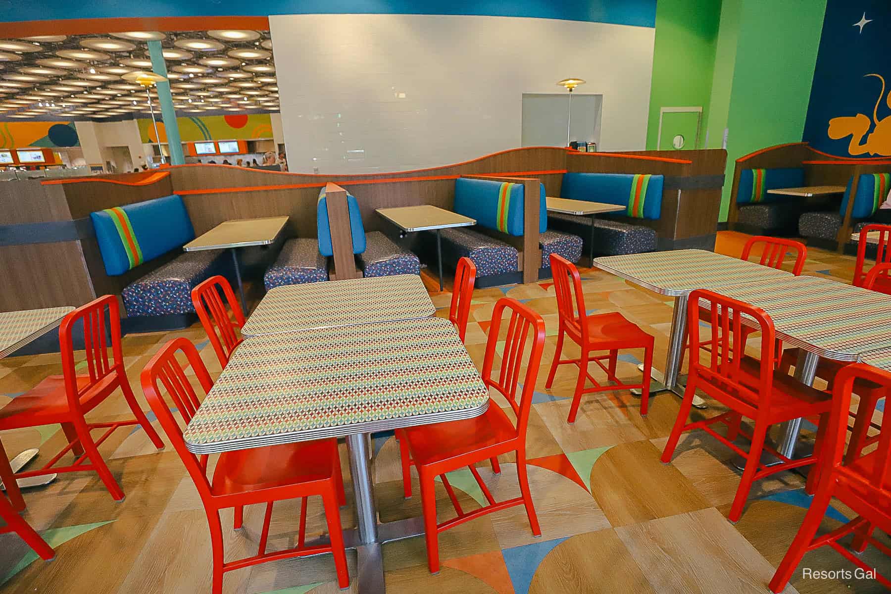 tables and chairs in the food court 