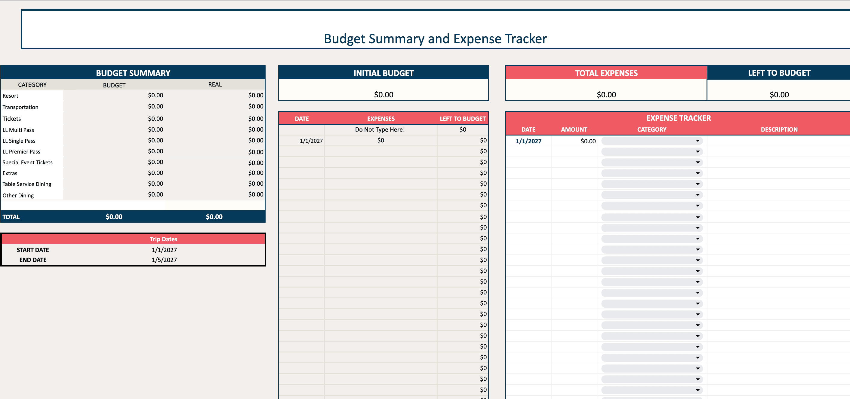 the expense tracker tab on our Disney World budgeting spreadsheet