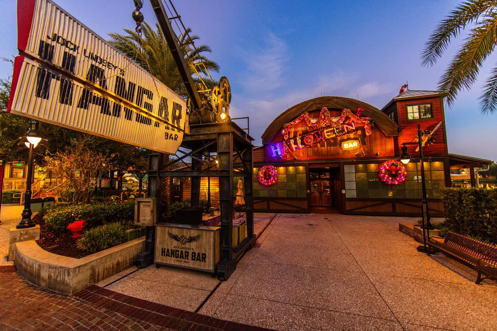 the Halloween Hangar Bar at nighttime exterior 