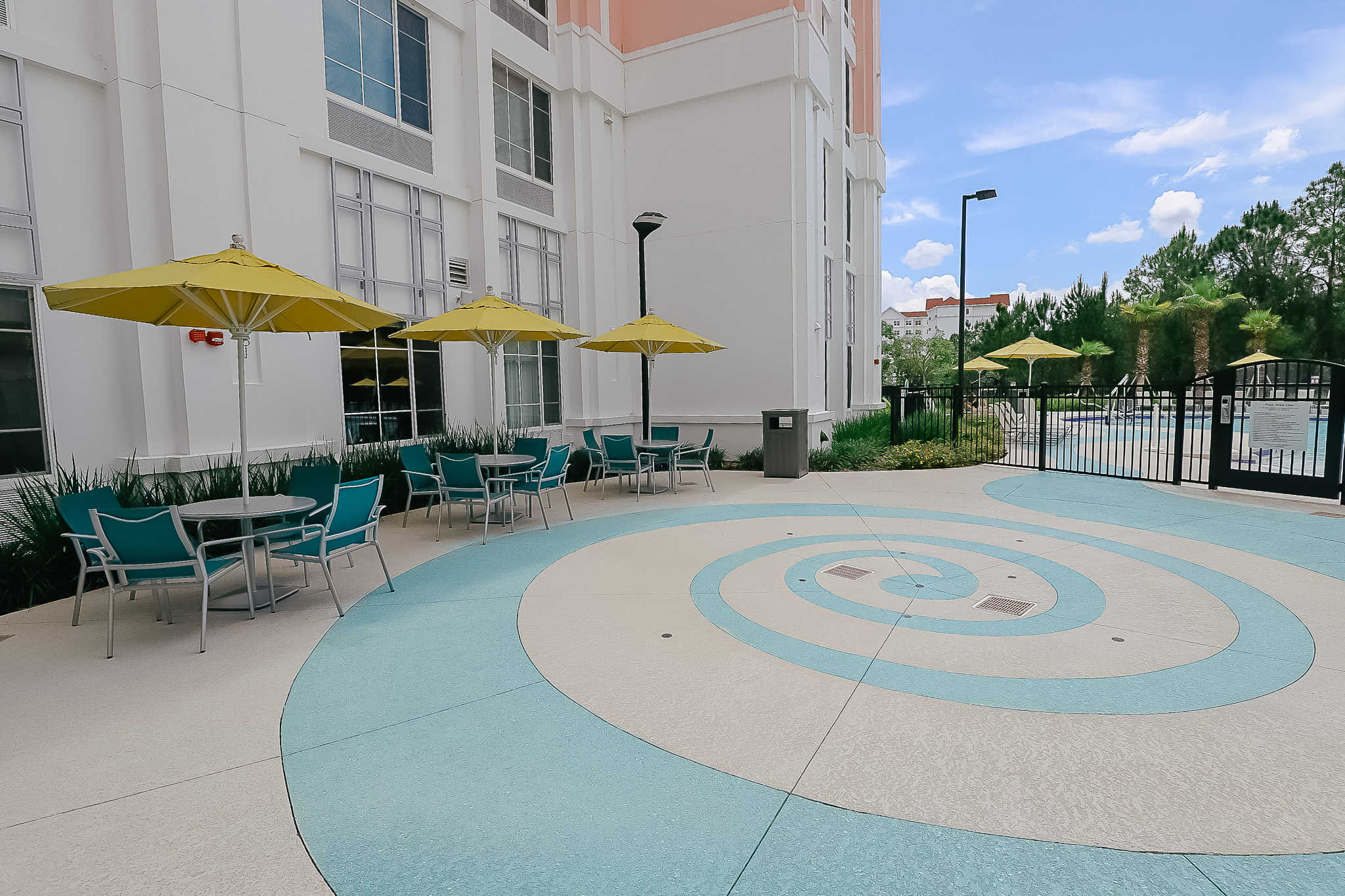 A splash pad with the water turned off. 