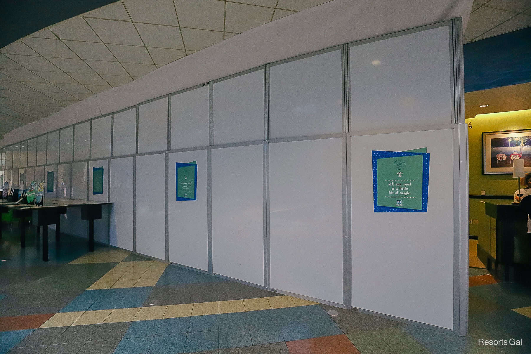the reception area covered by construction walls at Pop Century