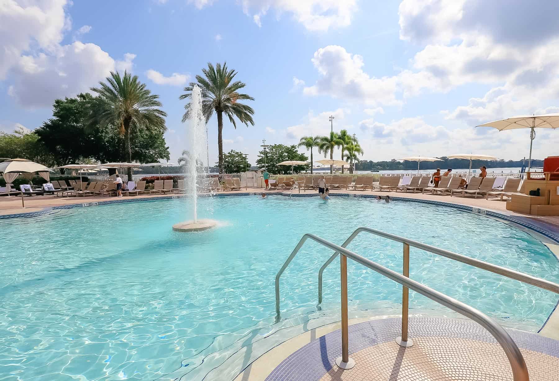 The Feature Pool at Disney's Contemporary with a waterfall feature in the center. 