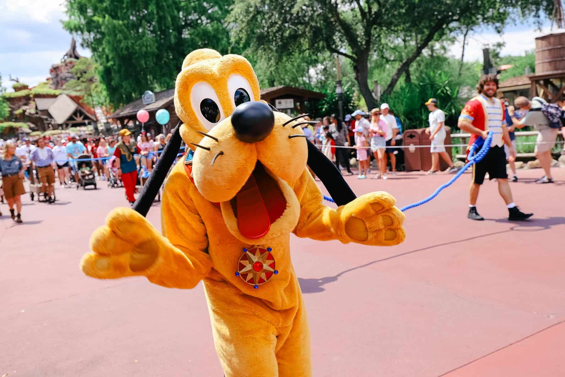 Pluto waves to guests. 