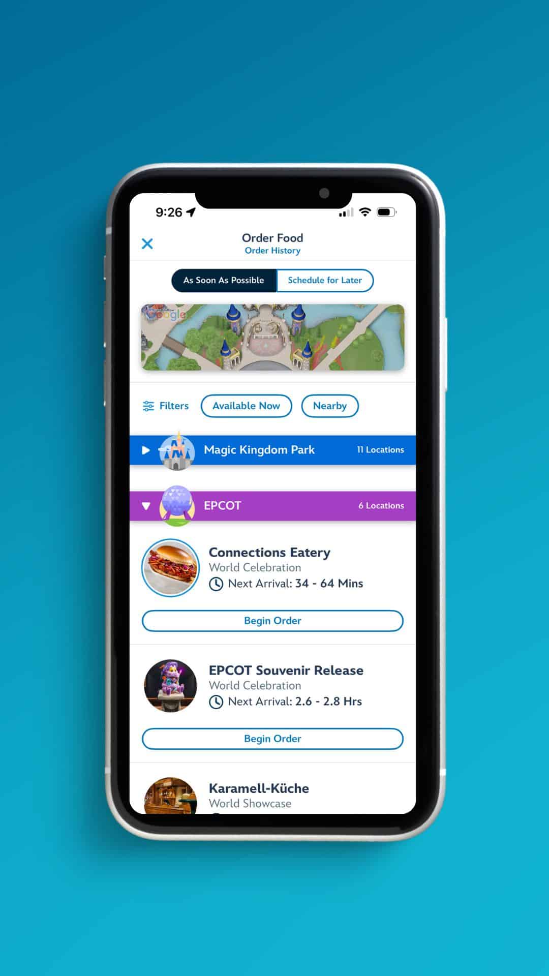 the Epcot Souvenir Release listing in the Epcot location for the order food selection 