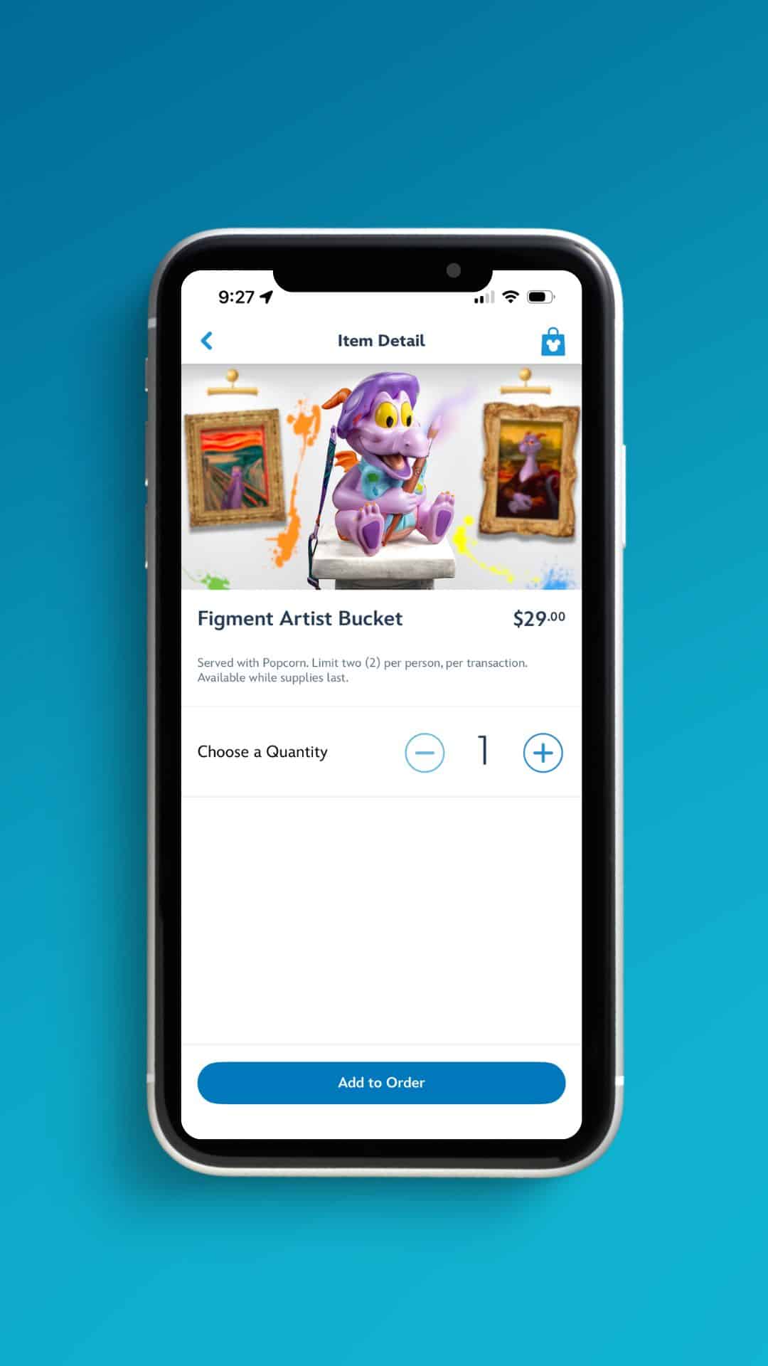 listing for the Figment Artist Bucket in the My Disney Experience app 