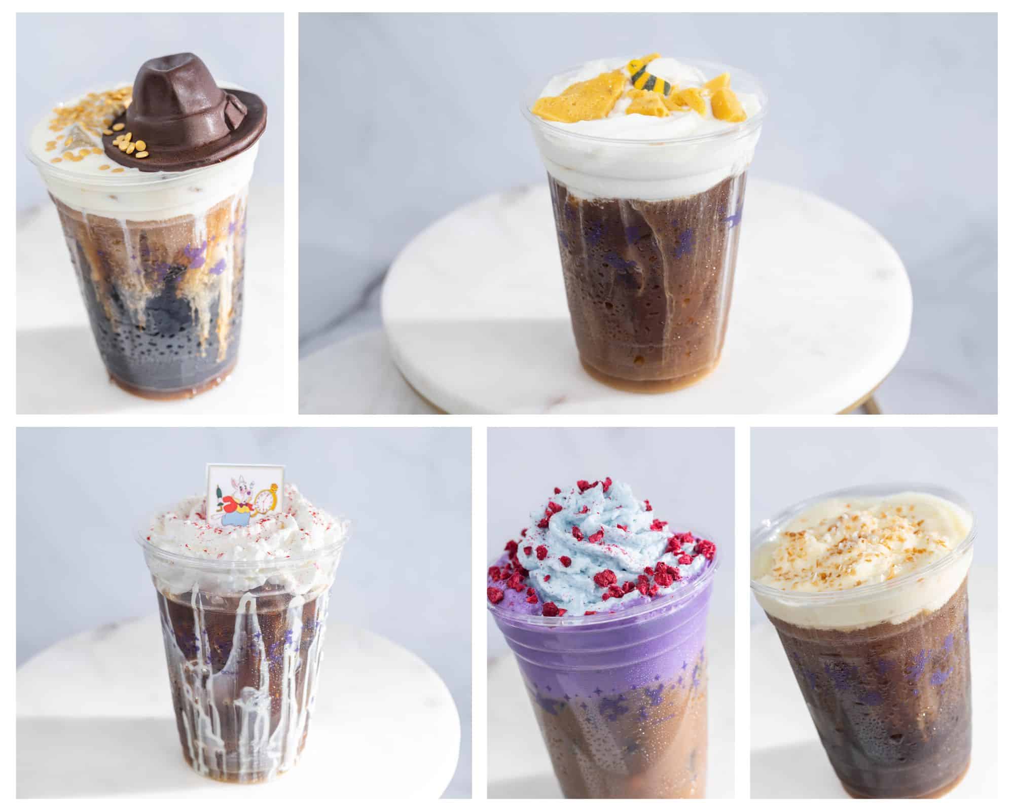 a collage with 5 new coffee drinks coming to Disney World