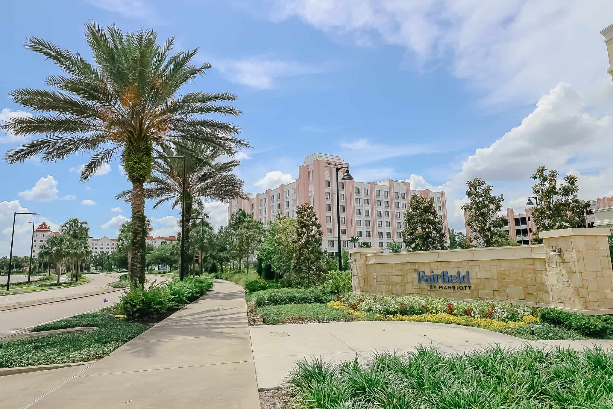 The entrance to the Fairfield Marriott at Flamingo Crossings with other hotels in the background. 