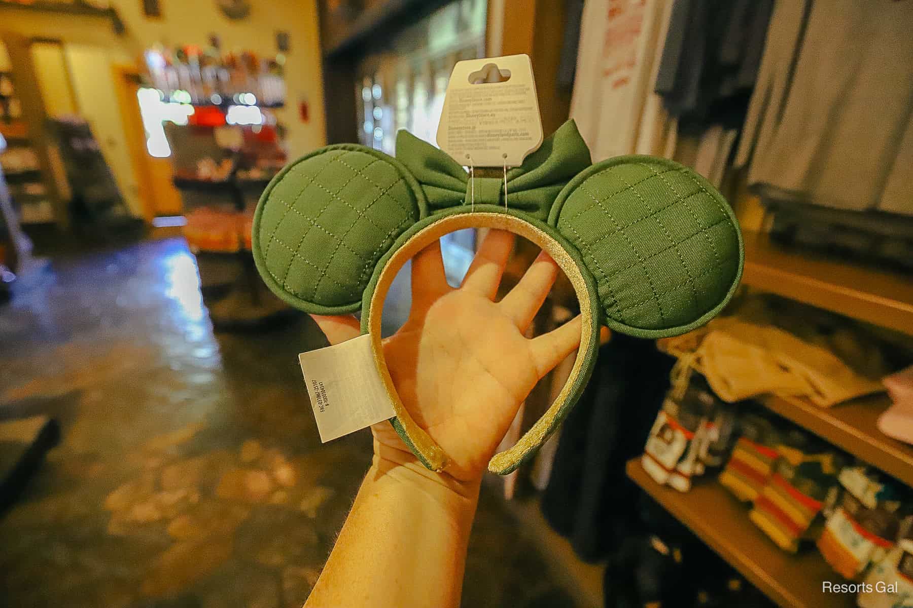 the back side of the quilted hunter green Fort Wilderness ears