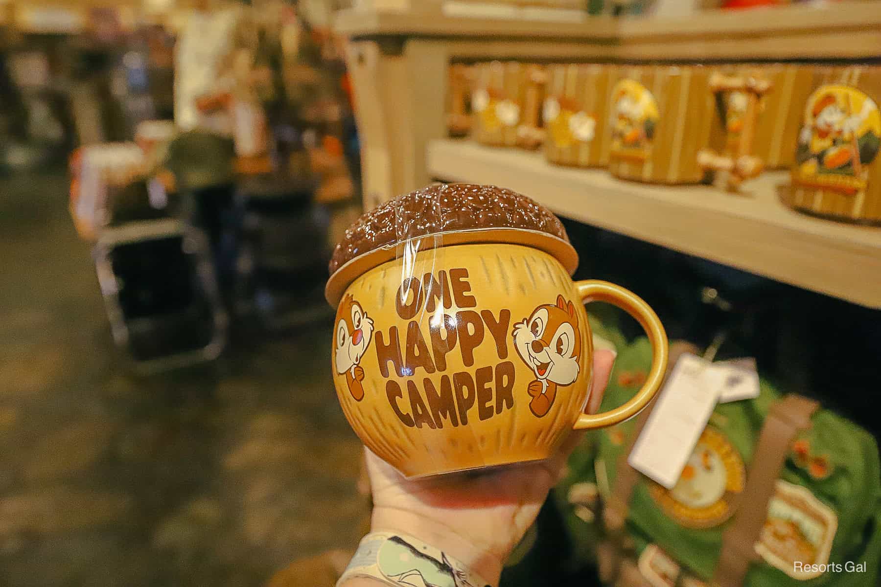 a One Happy Camper acorn mug with lid