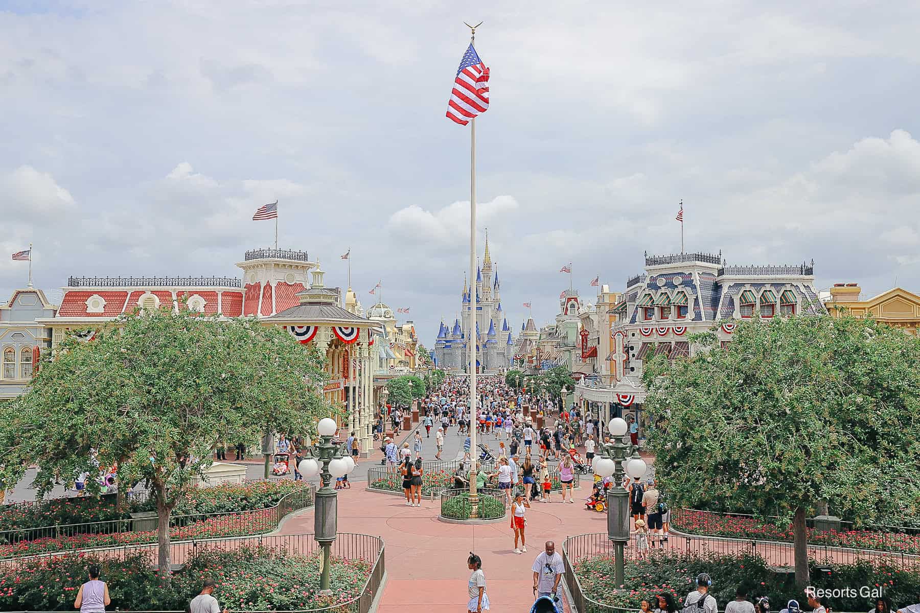Main Street USA at Magic Kingdom with patriotic decorations 