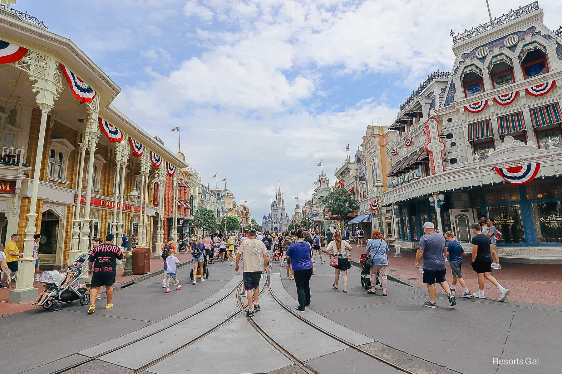 a closeup of holiday decor for the 4th of July on Main Street USA 