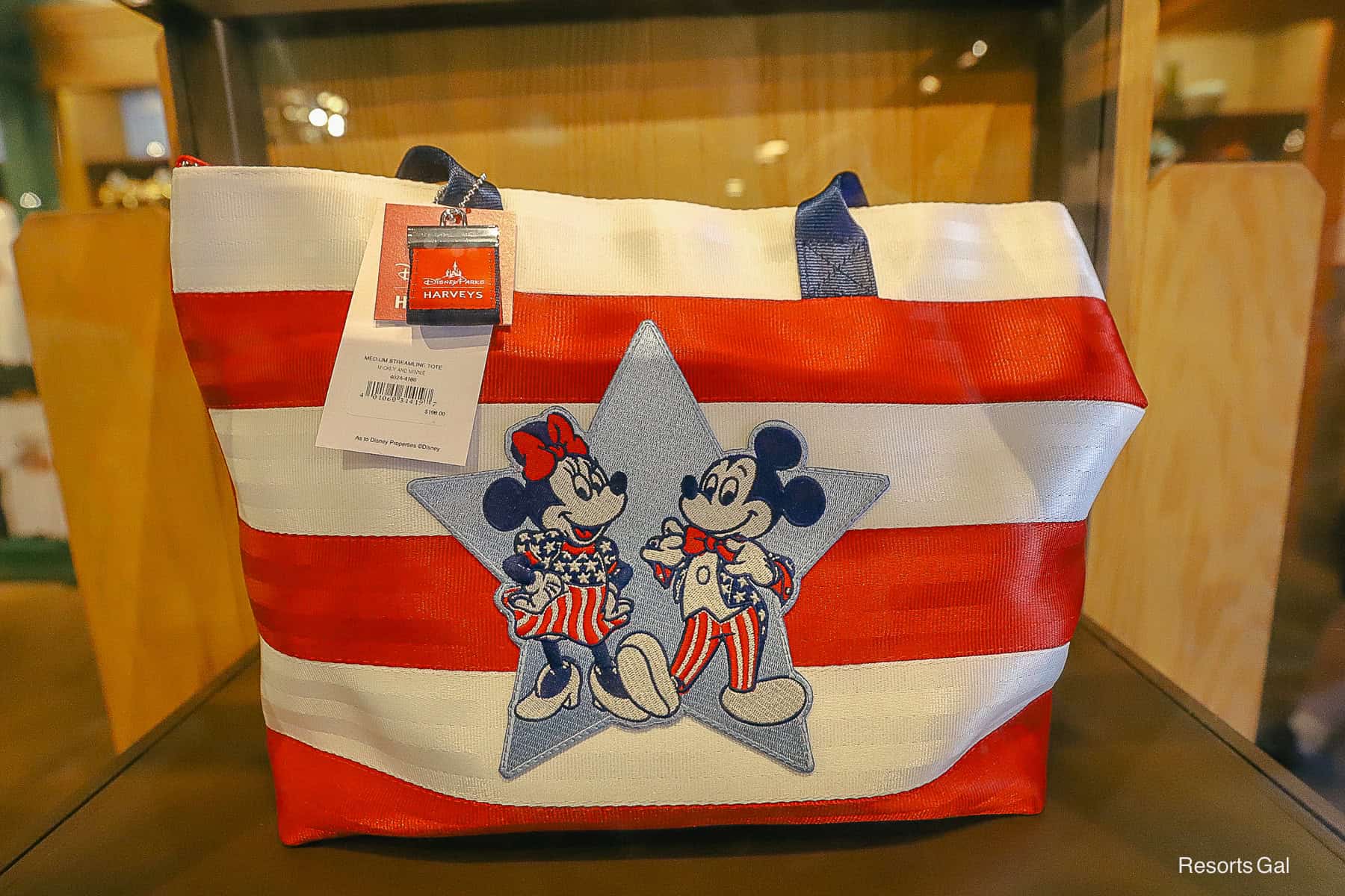 red and white stripe Harvey's tote with Mickey and Minnie Mouse 4th of July
