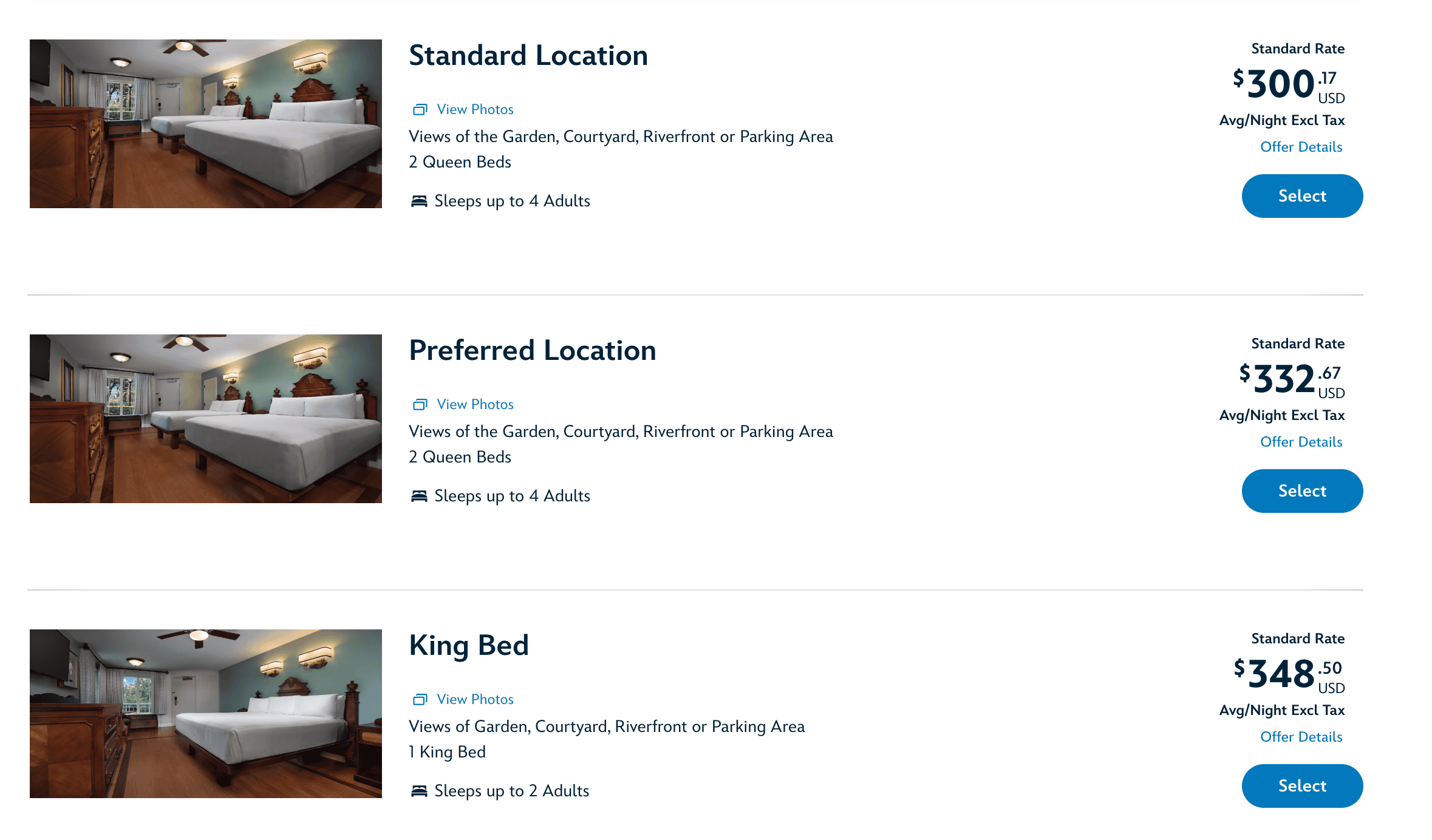 a screenshot that depicts room categories at a moderate resort in 2026