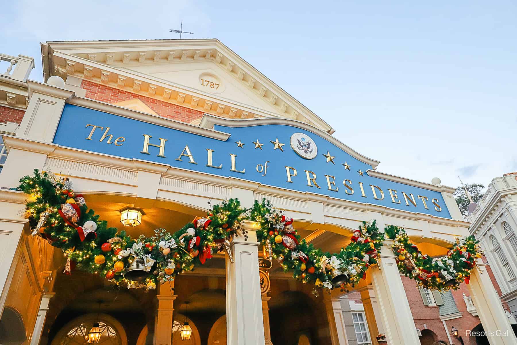 The Hall of Presidents trimmed in garland 