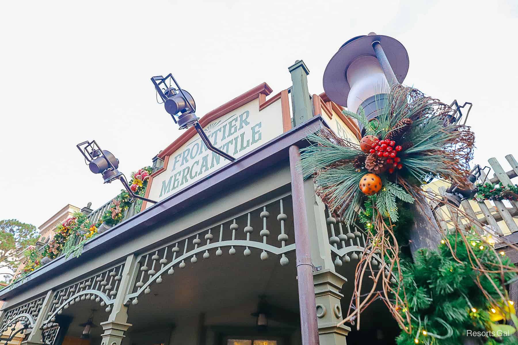 Frontier Mercantile shop decorated with appropriate era holiday ornaments 