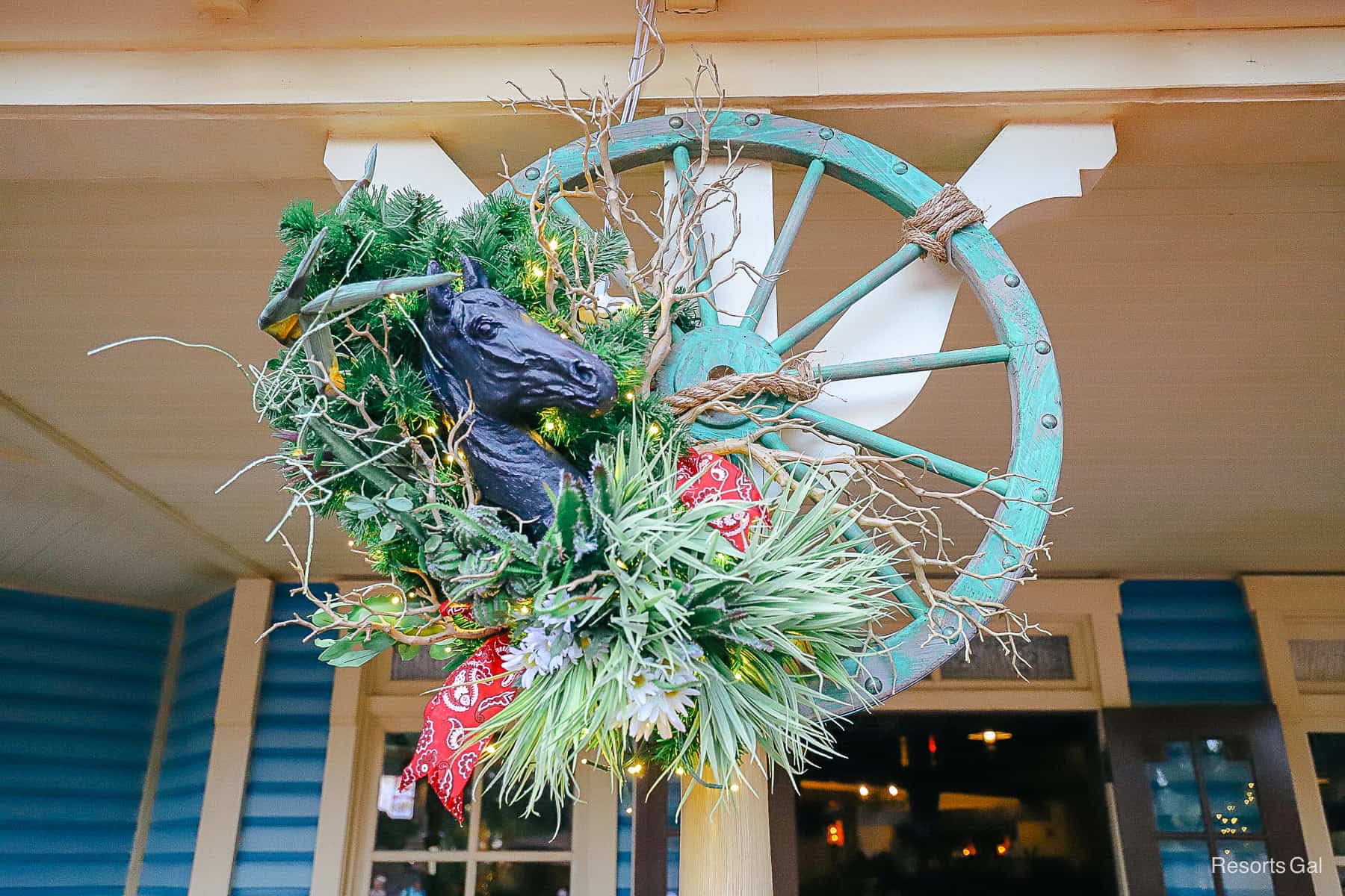 a closeup of the horse themed Christmas decorations in Frontierland 