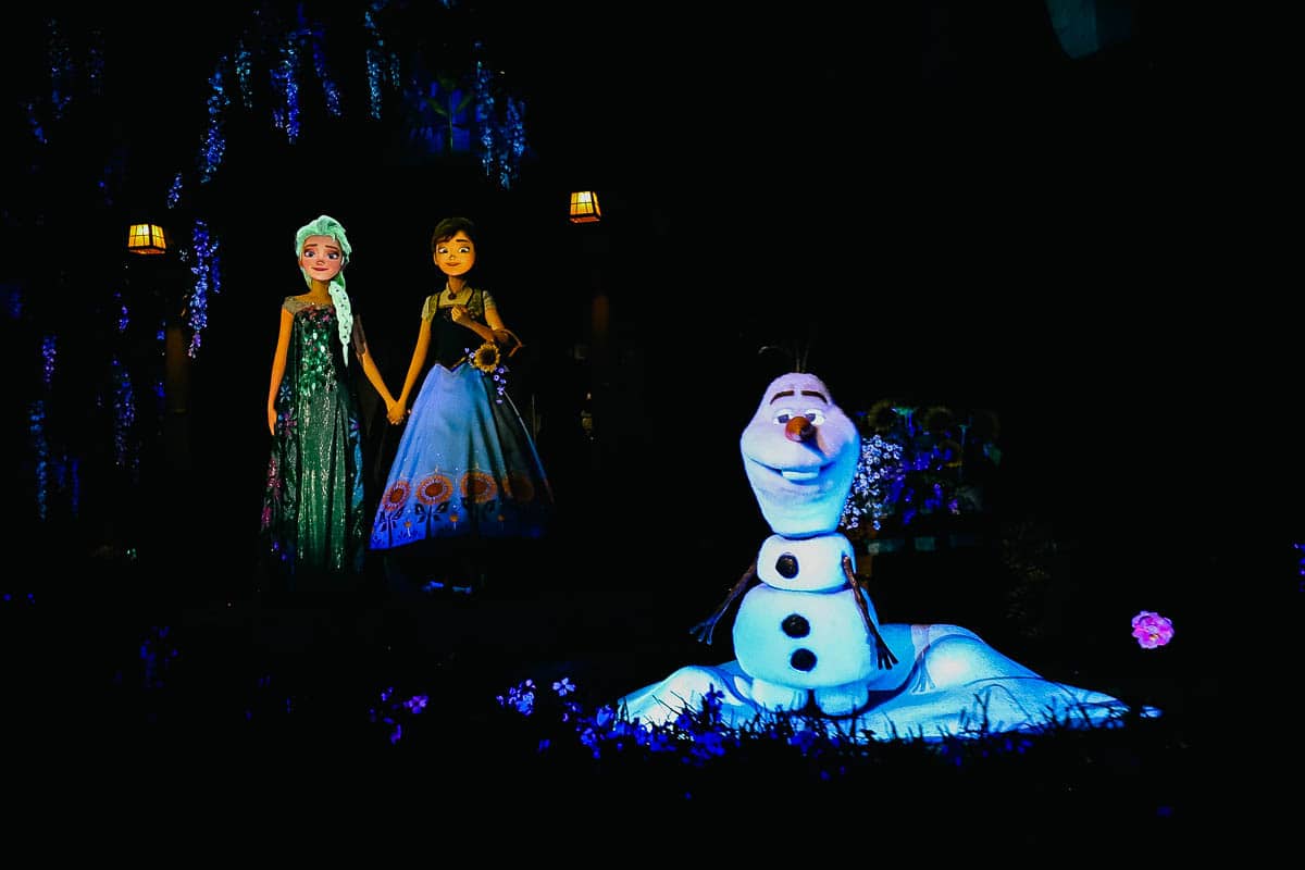 Anna, Elsa, and Olaf in the final Frozen scene where they sing "In Summer." 