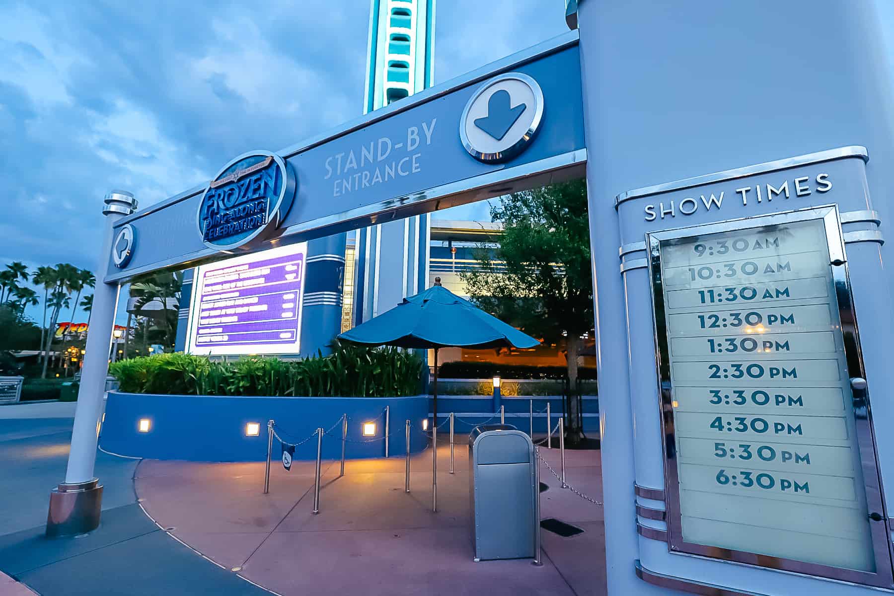 Stand-by entrance for the Frozen Sing-Along with a list of showtimes. 