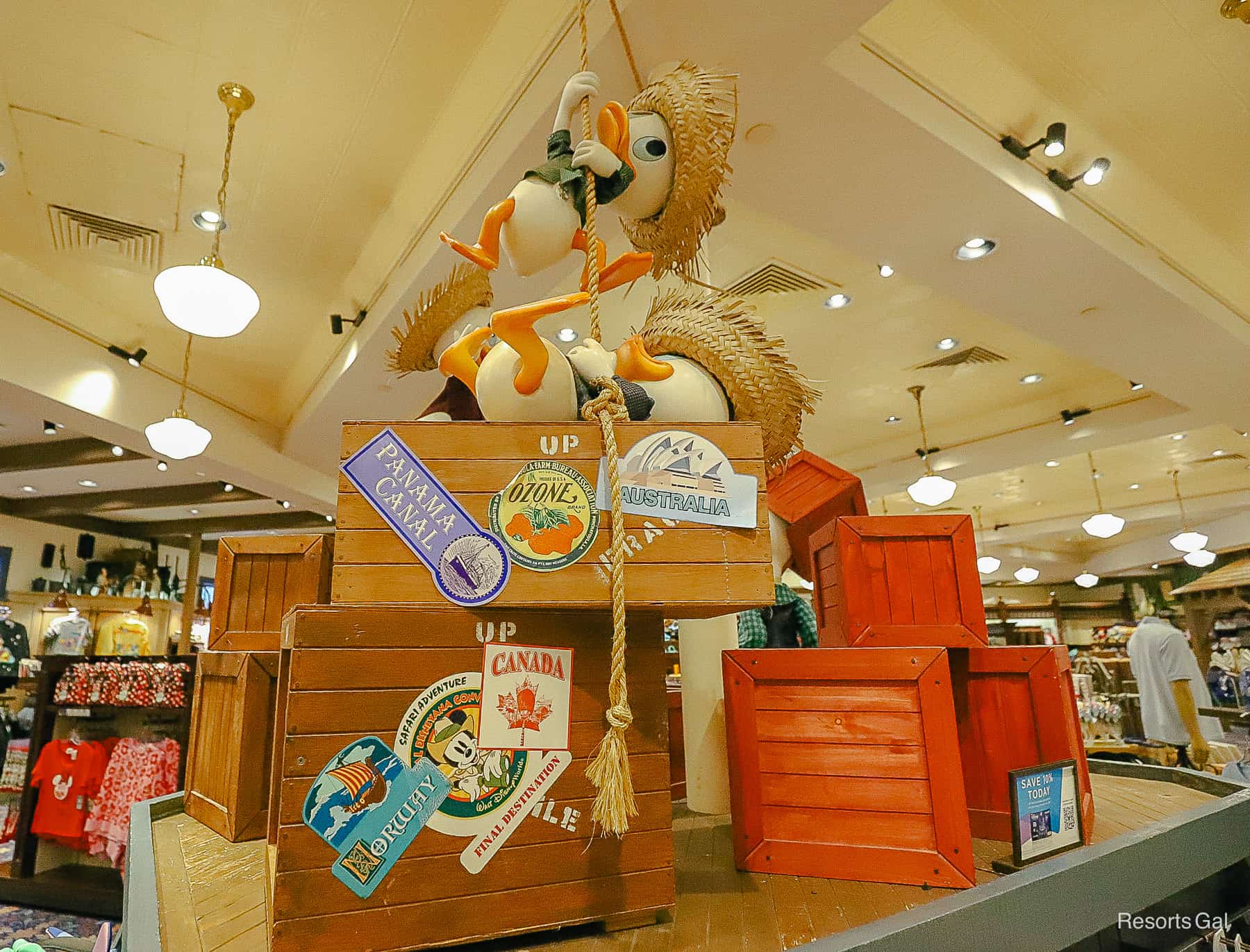 A themed area in the gift shop with Donald's nephews pulling a rope. 