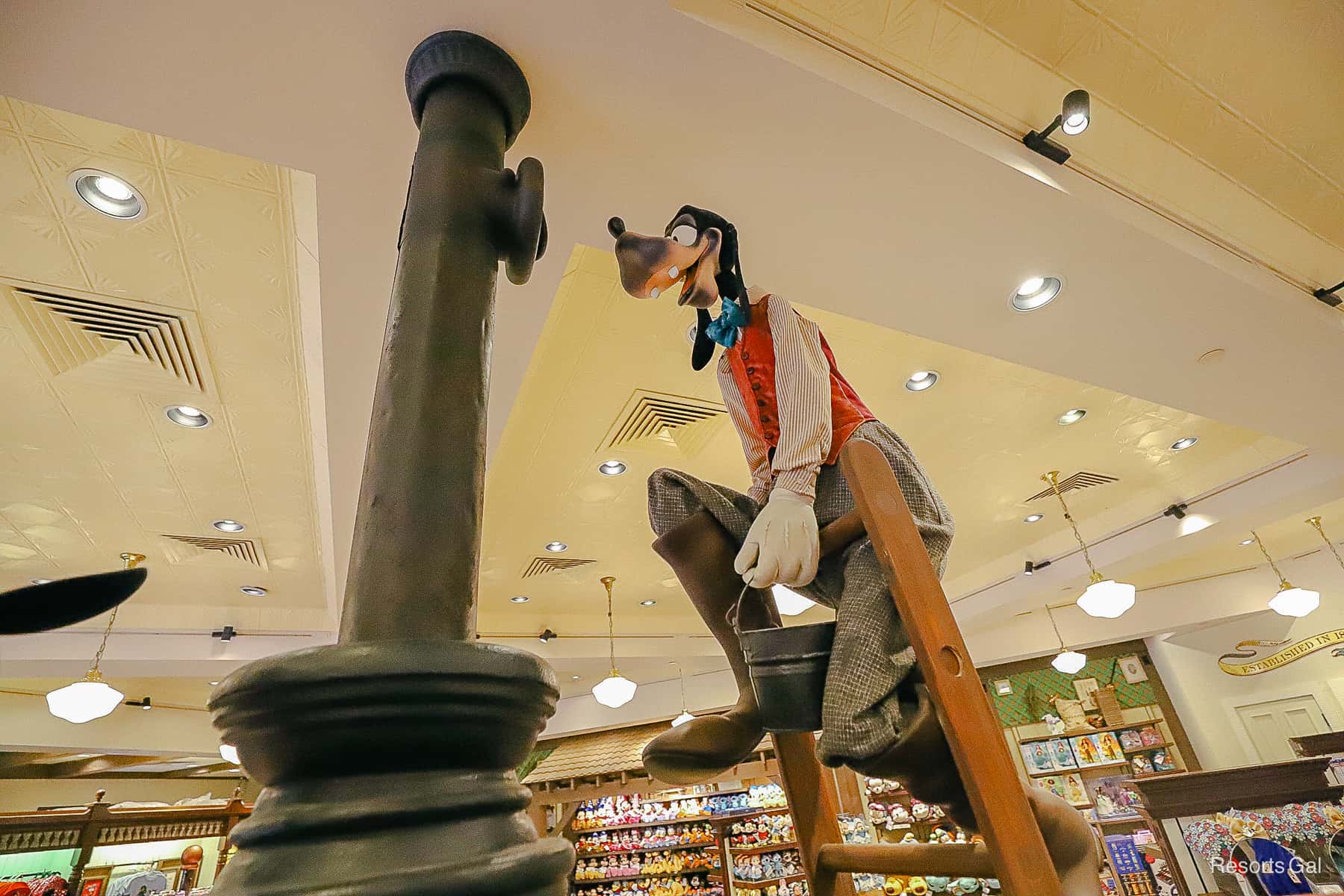 Goofy checking a smoke stack with charcoal dust all over him at Fulton's Riverside Resort. 