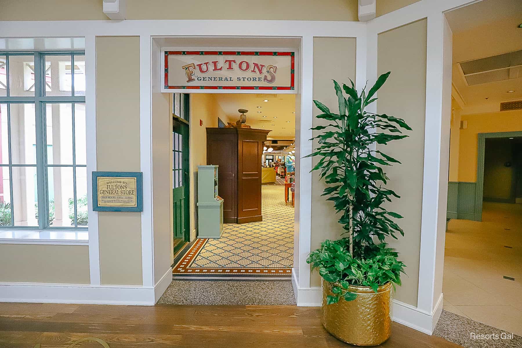 the lobby entrance to Fulton's General Store at Port Orleans Riverside 