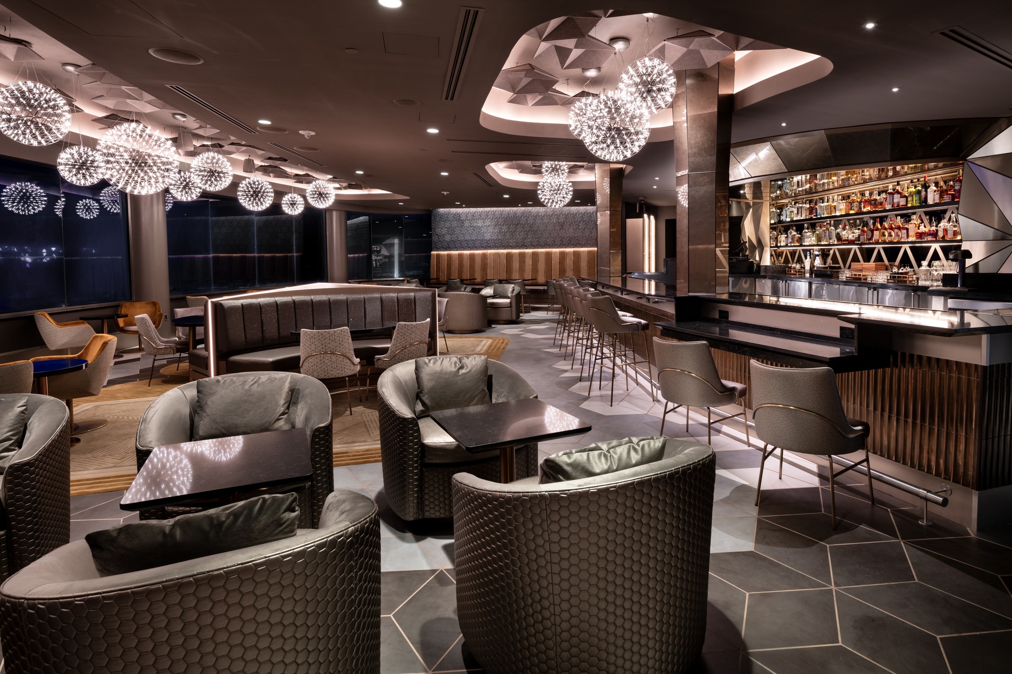 interior shot of Geo-82 Spaceship Earth themed lounge at Epcot