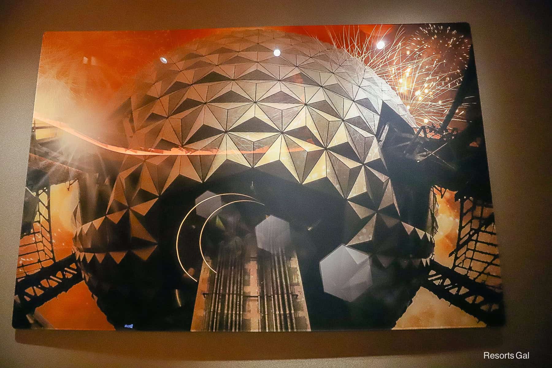 a piece of artwork that shows a view of Spaceship Earth looking up from the base 