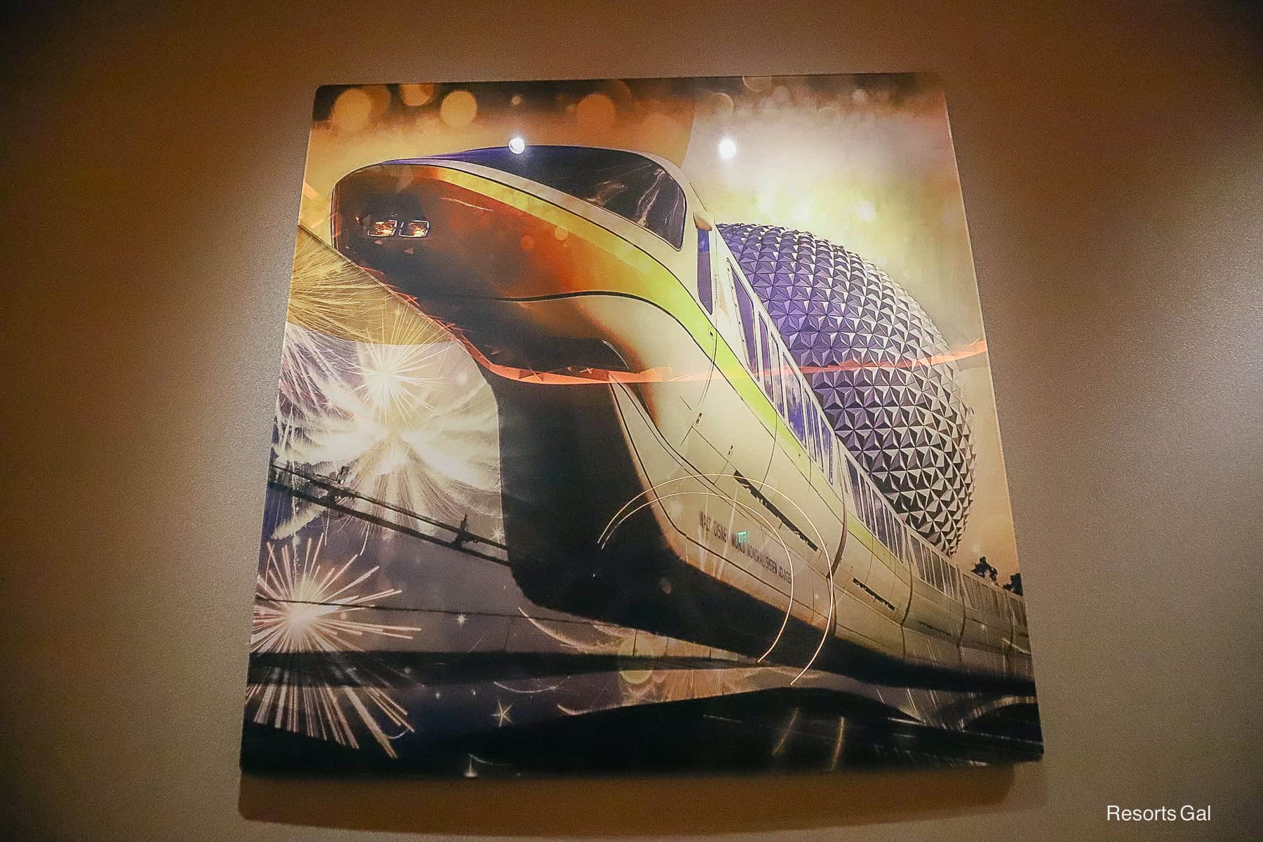 artwork: a picture of the monorail passing Spaceship Earth 