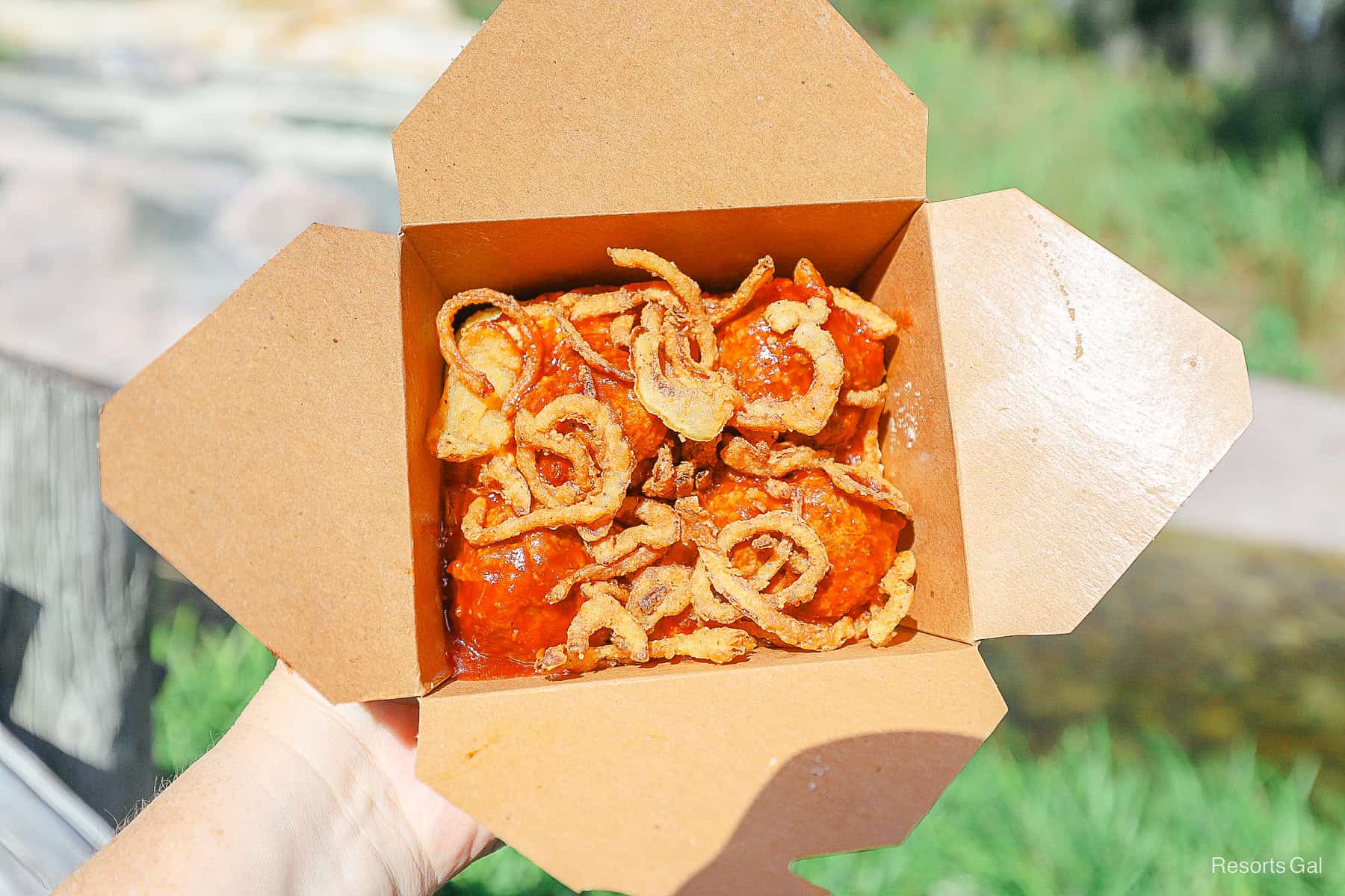 the bison meatballs are topped with crispy onion strings 