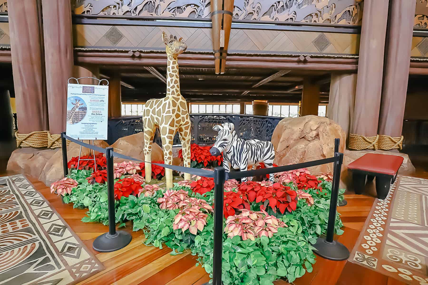 The gingerbread diplay featuring a giraffe and a zebra at Disney's Animal Kingdom Lodge. 