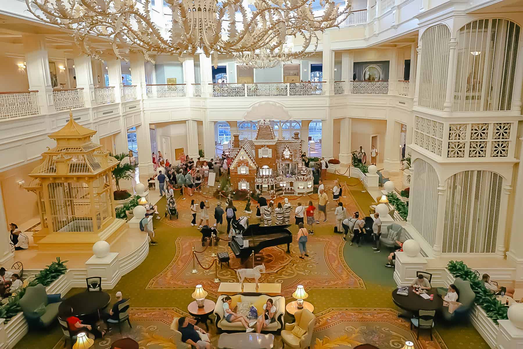 view of the gingerbread house and lobby at Disney's Grand Floridian from the second-floor 