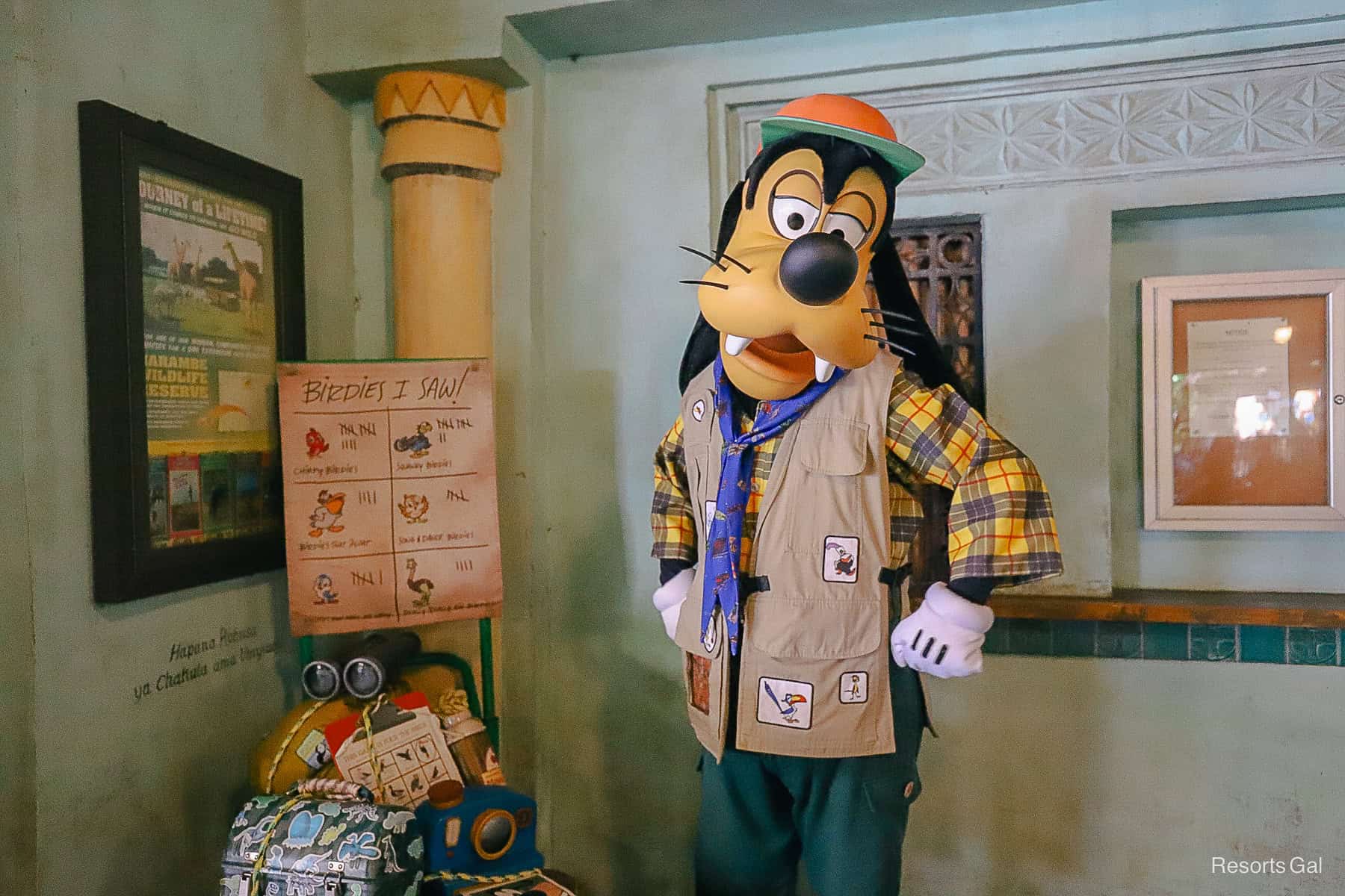 Goofy with hands on hips at the Harambe Train Station