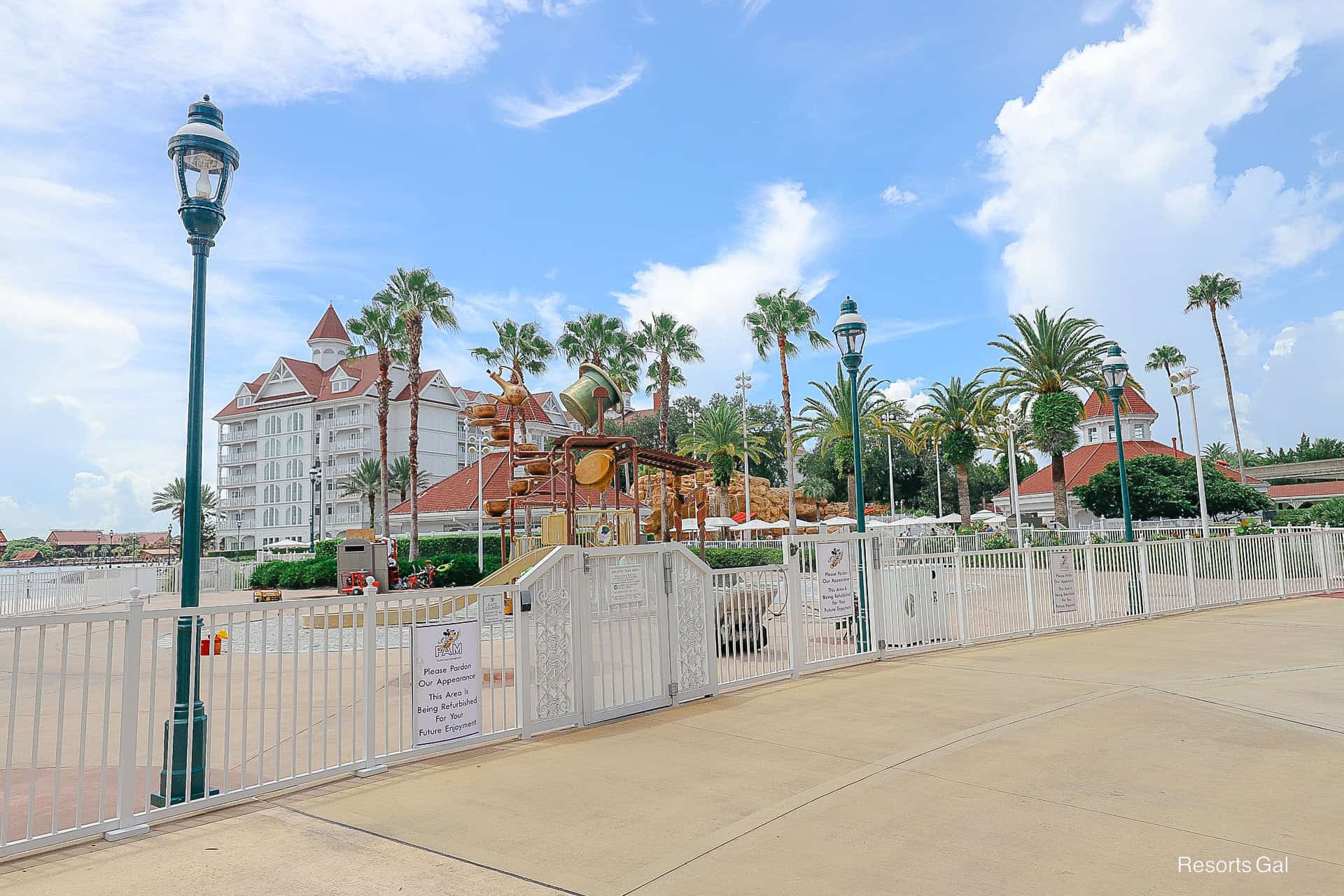 construction fencing up around the Aquatic Play area at Disney's Grand Floridian 