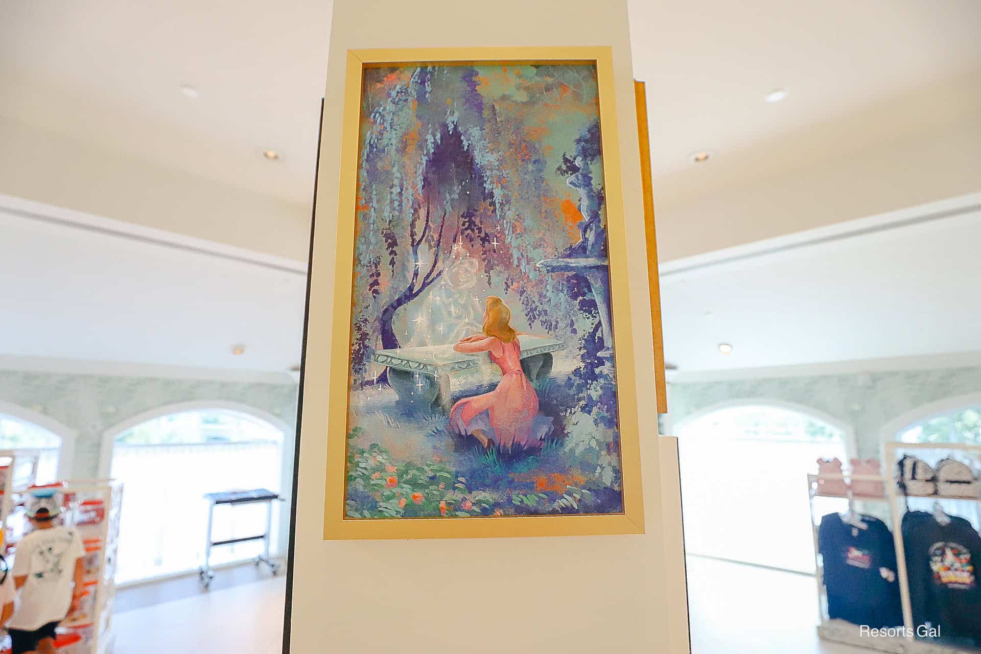 a painting of Cinderella in the garden at M. Mouse Mercantile