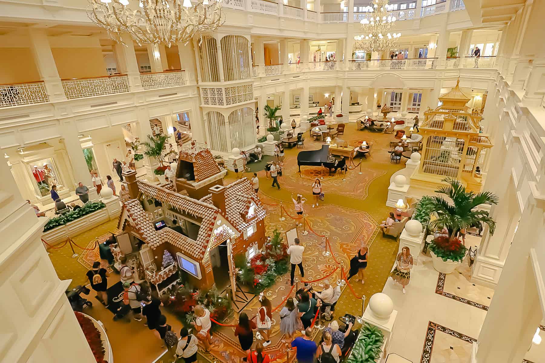view of the lobby and back of the Grand Floridian gingerbread house 