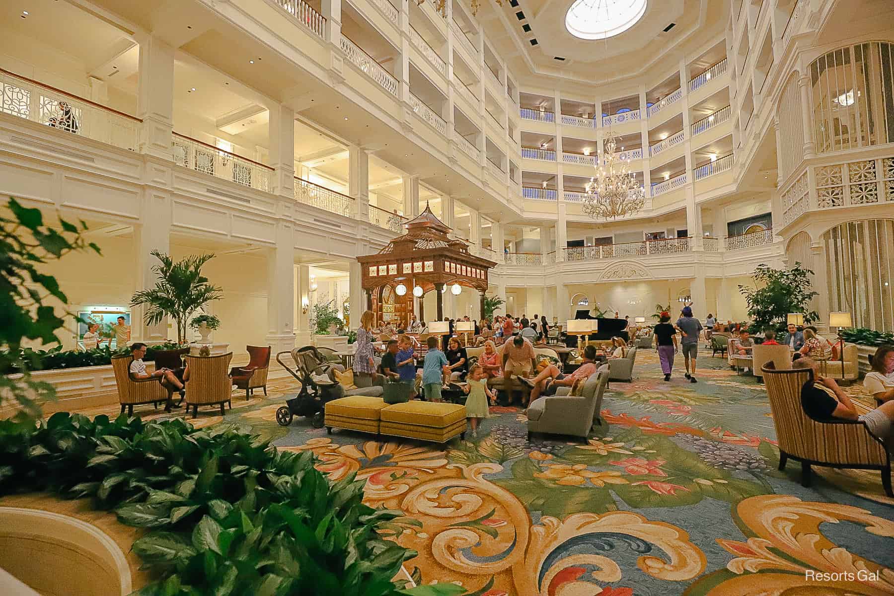 a busy finished lobby at the Grand Floridian 