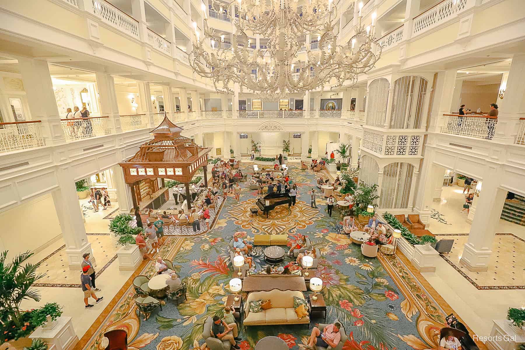 a straight forward view from above of The Perch Bar in the lobby of Grand Floridian 