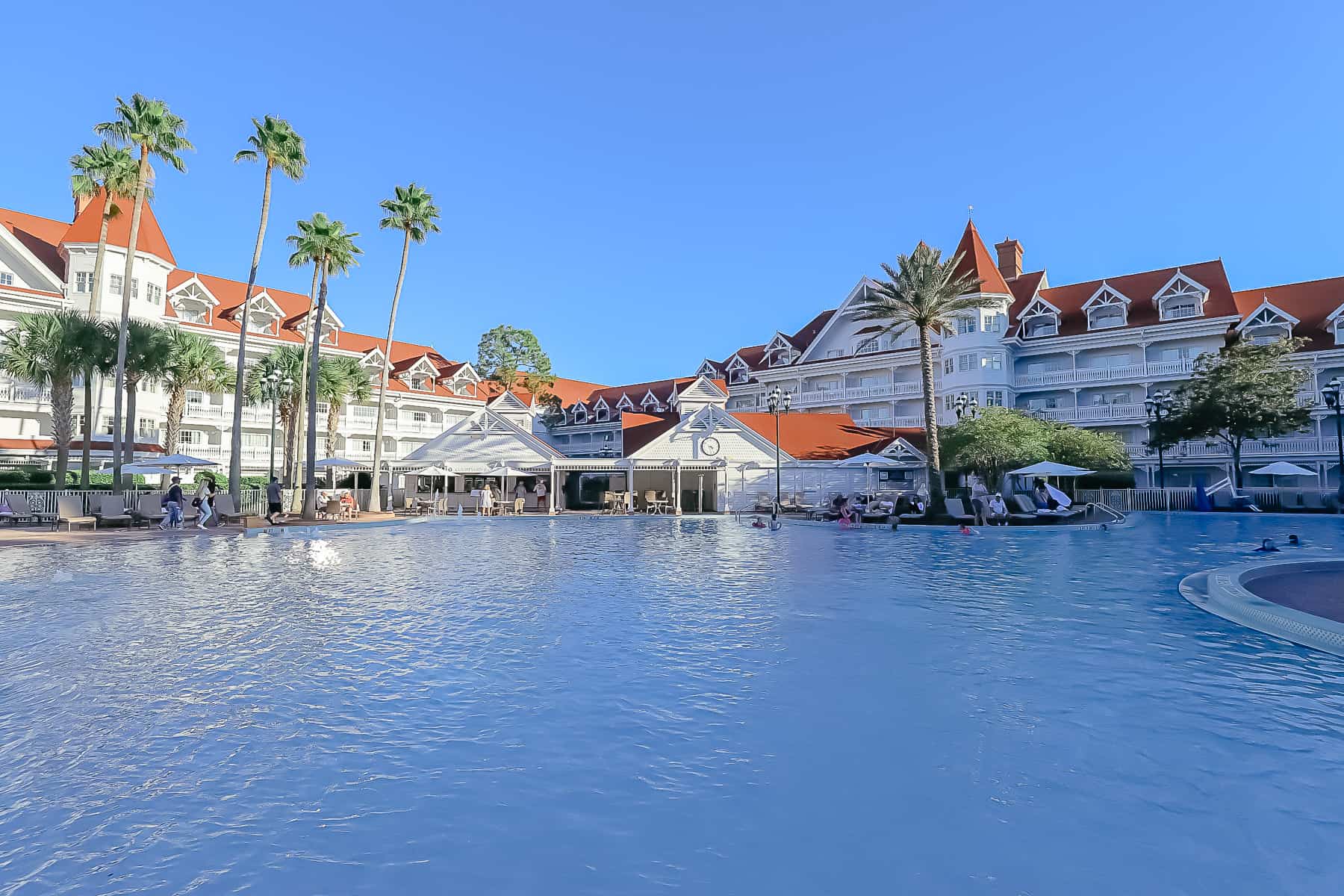 The Courtyard Pool at the Grand Floridian in the afternoon when it's covered with shade. 