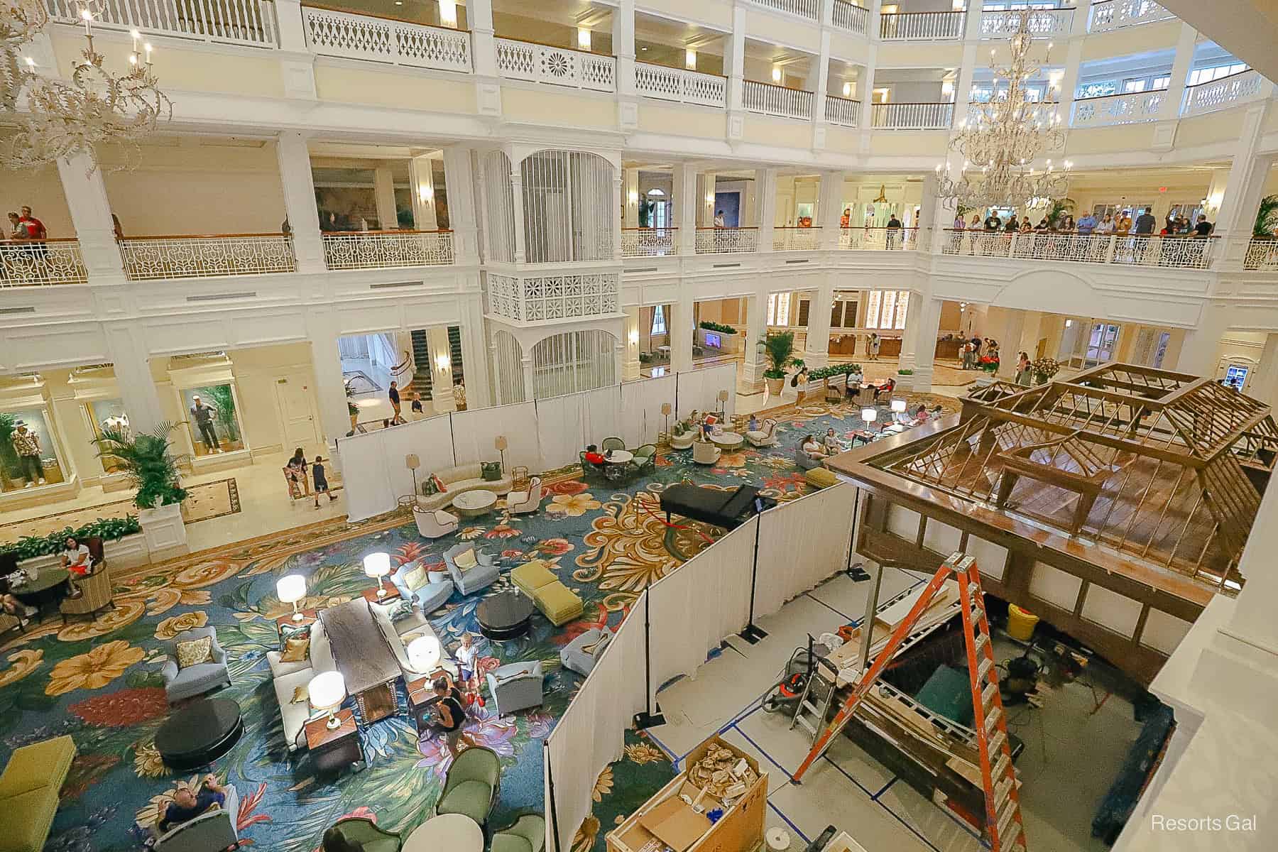 a view of the lobby bar from above that shows how it's almost complete