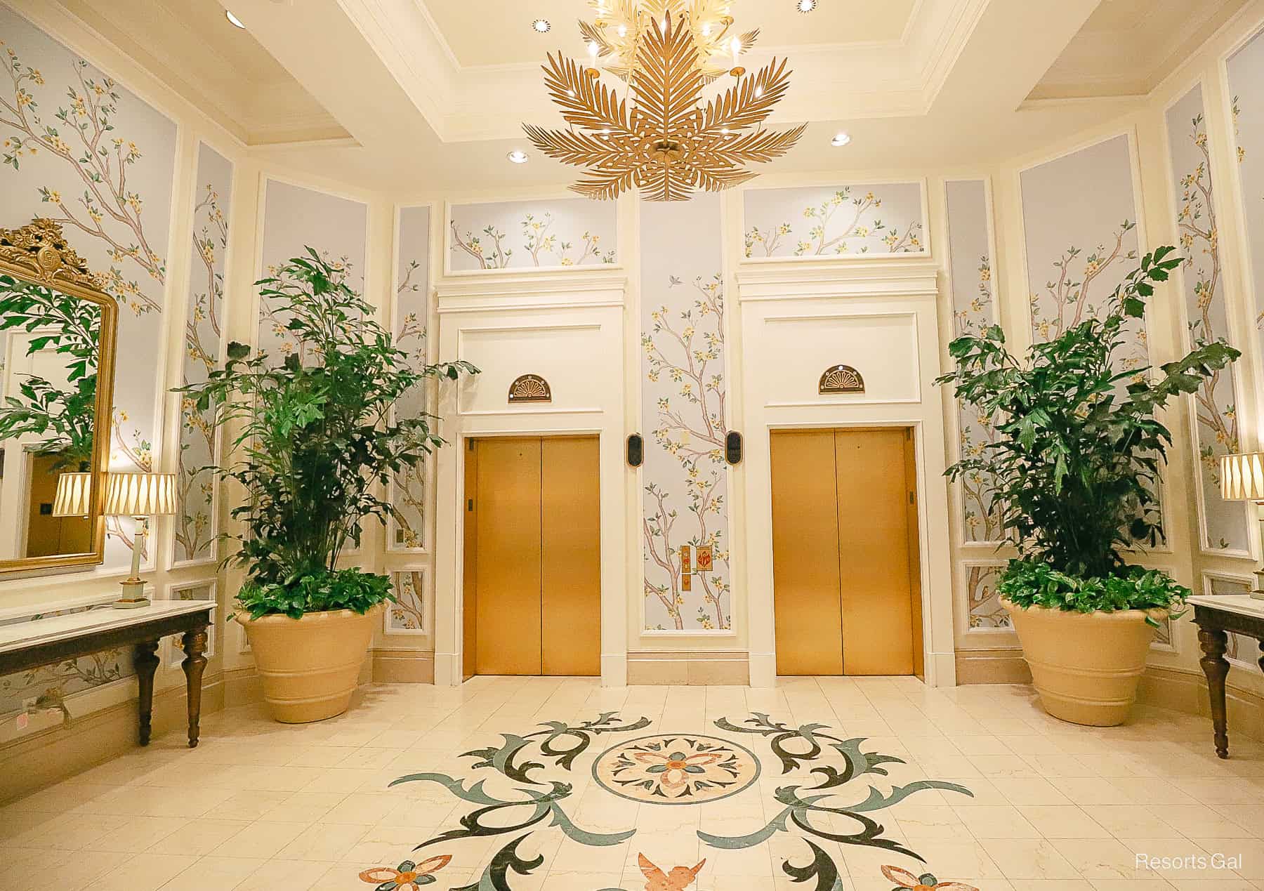 the secondary elevator foyer in the Grand Floridian's lobby