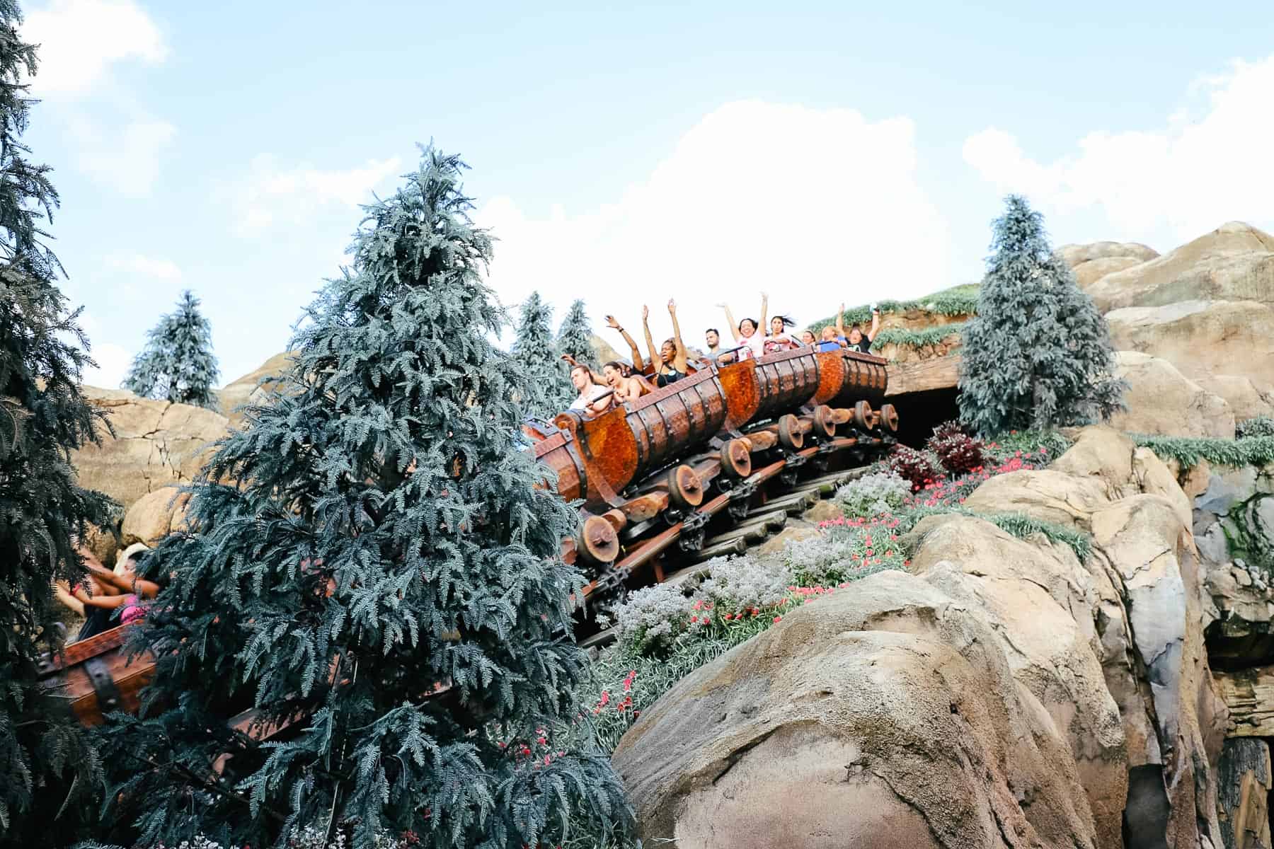 Guests at the end of the Seven Dwarfs Mine Train. 