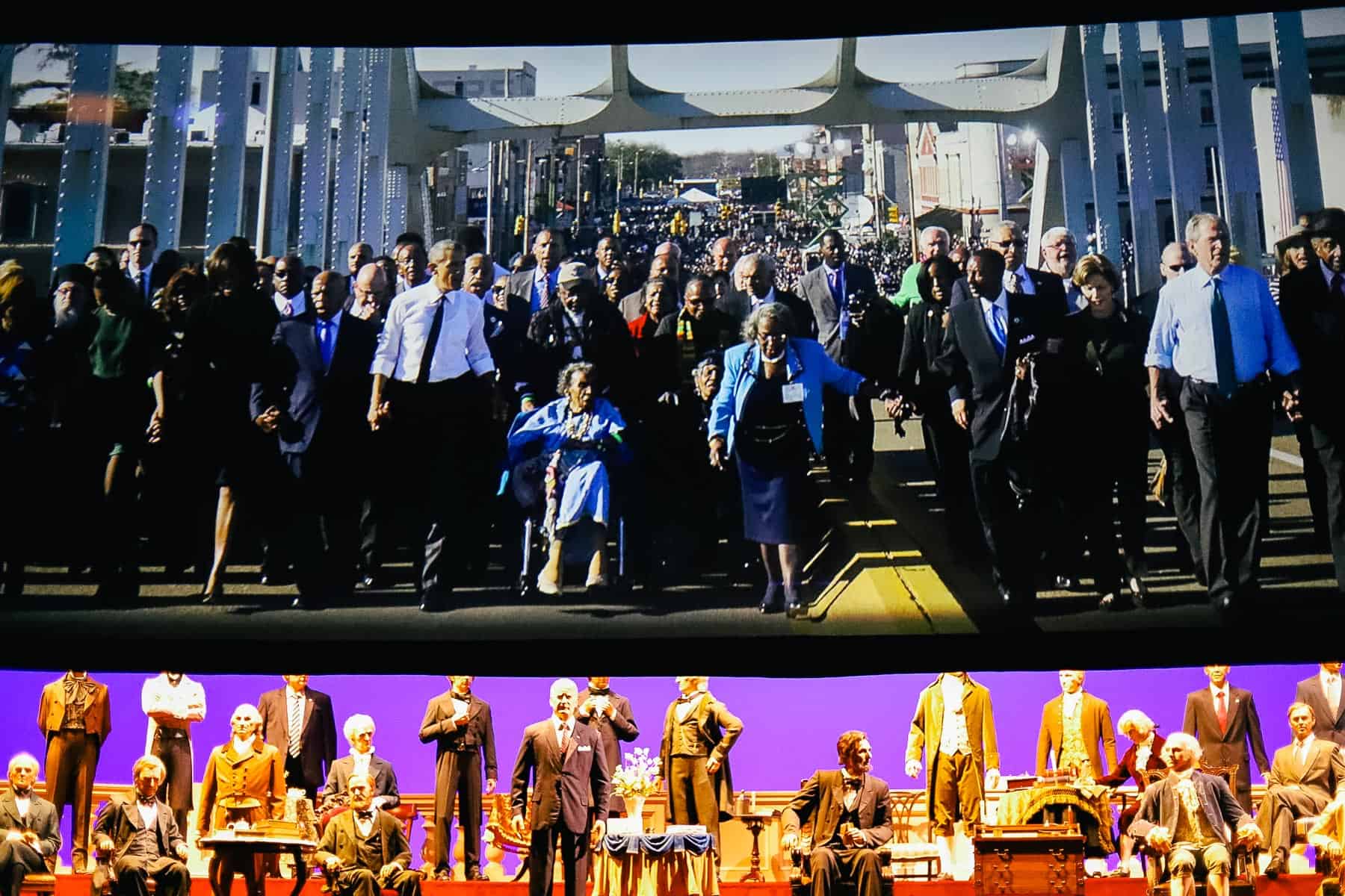 modern day scene with President Obama and George W. Bush walking across the bridge in Selma 