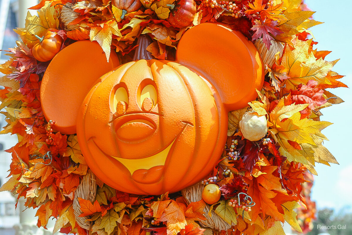 closeup of a giant Mickey pumpkin wreath at Halloween Disney World