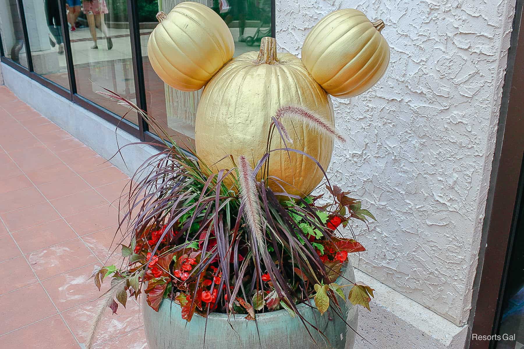 a gold pumpkin added to a flower pot at Disney Springs for a touch of Halloween 