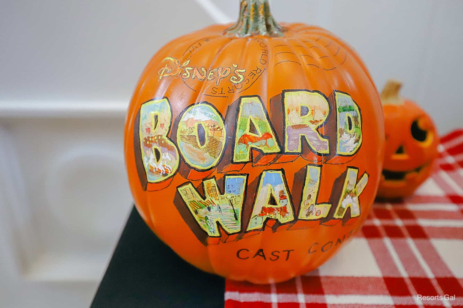 a pumpkin that's been painted for a cast member pumpkin contest at Disney's BoardWalk 
