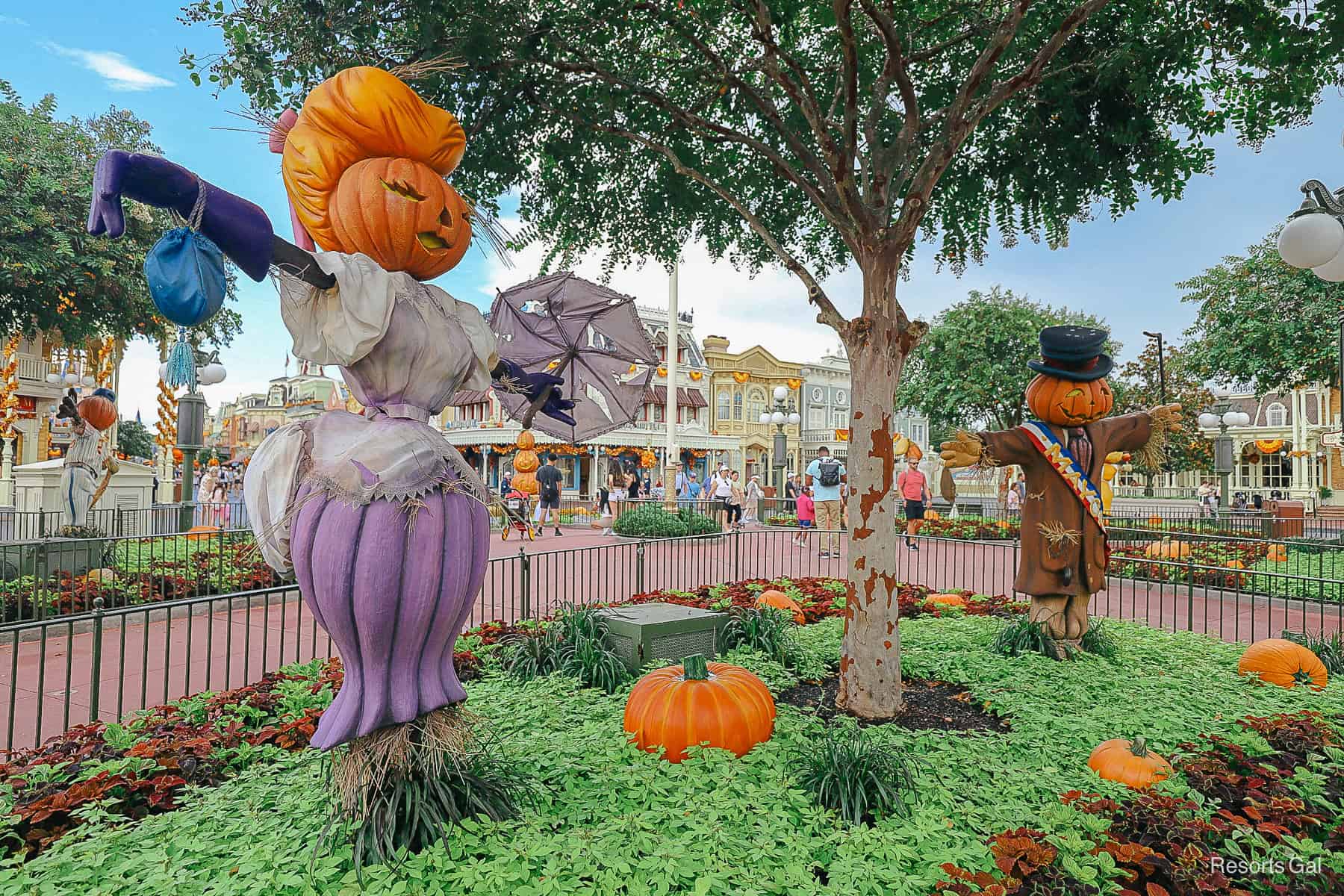 Scarecrows in the planters in Town Square 