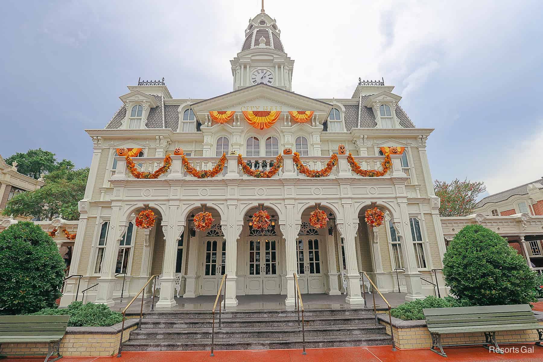 City Hall on Main Street USA decked out with Halloween decorations 