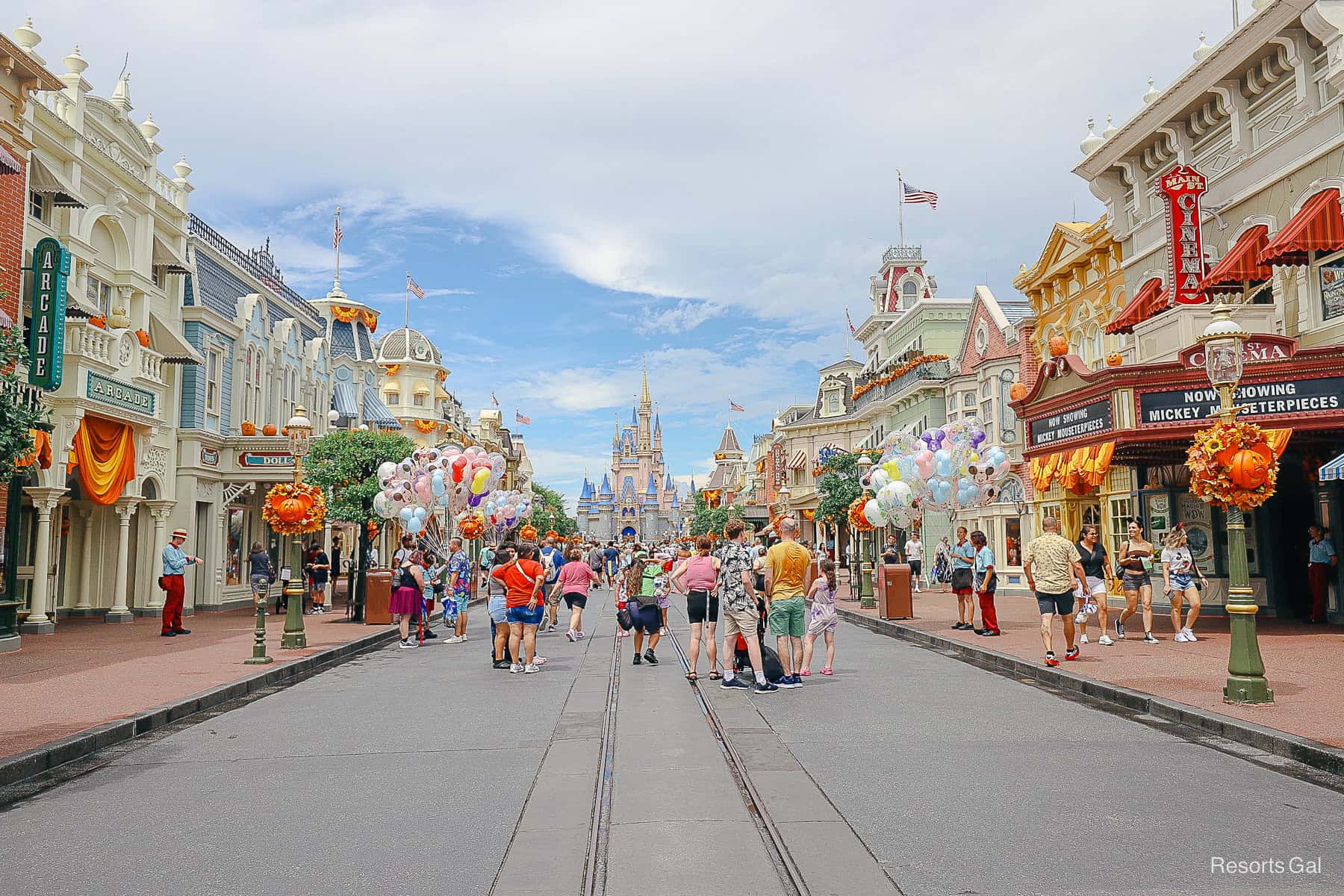 a view down Main Street after the rain had passed with light crowds and fall decor 