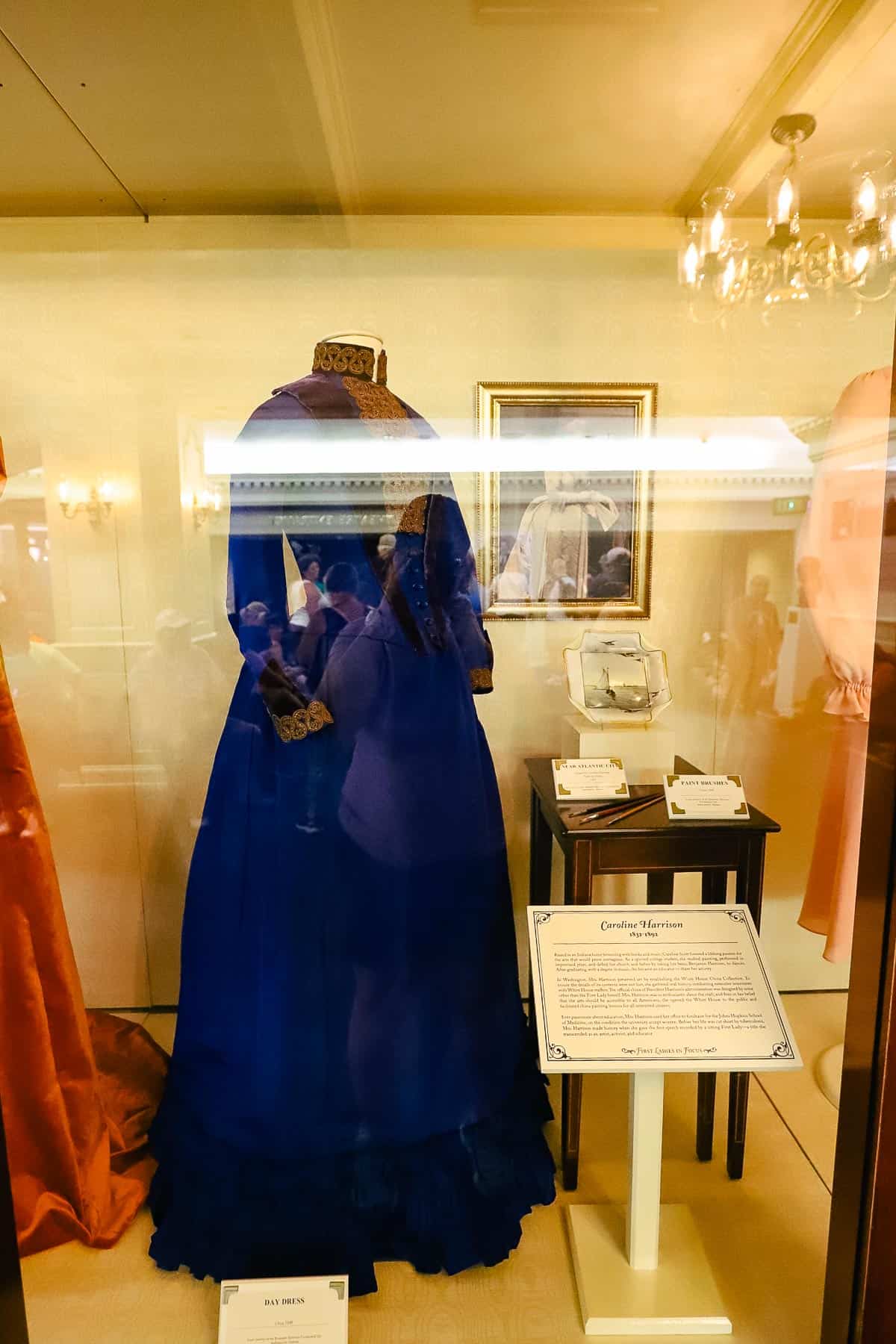 A dress that belonged to Caroline Harrison on display. 