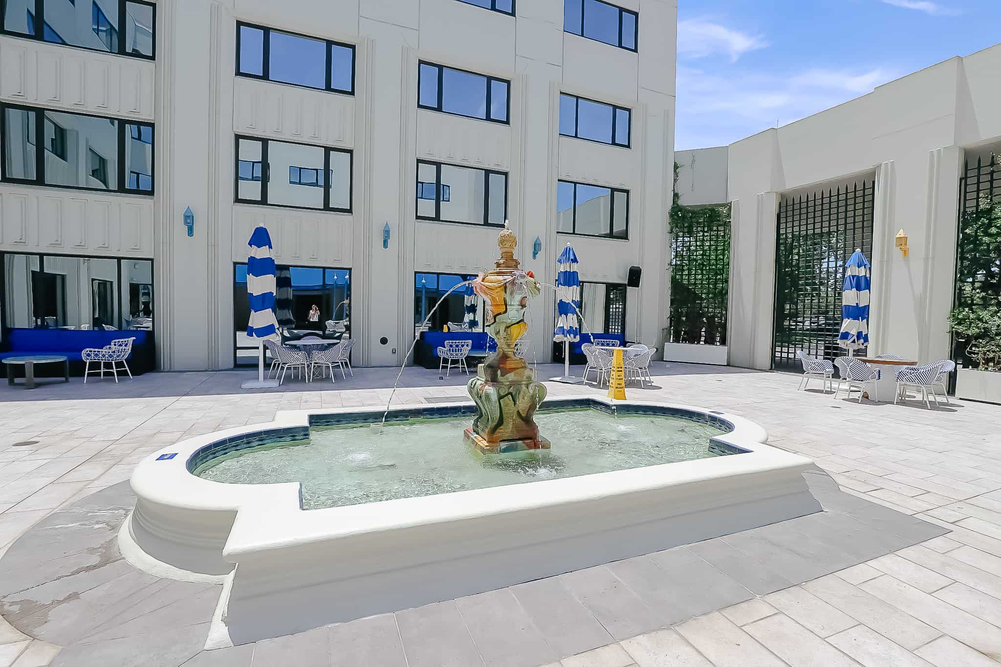 a fountain in the hotel's courtyard 